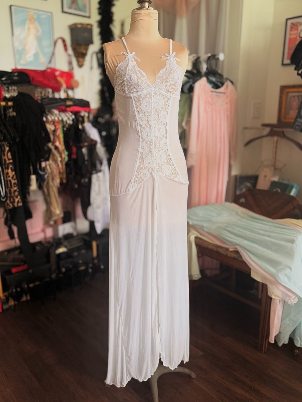 White Sheer Maxi Slip Dress with Lace